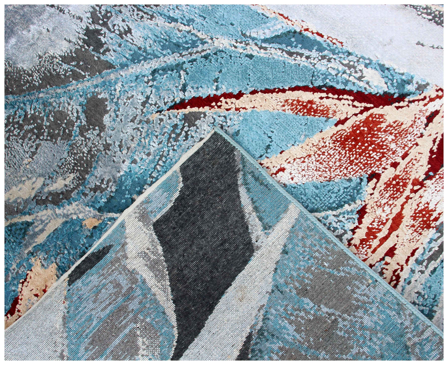 Black Teal Crimson Red Tropical Botanical Leaf Modern Abstract Hand Knotted Wool Viscose 85 KPSI 8x10 Area Rug
