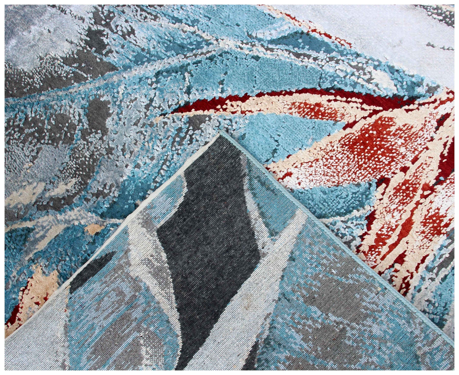 Black Teal Crimson Red Tropical Botanical Leaf Modern Abstract Hand Knotted Wool Viscose 85 KPSI 8x10 Area Rug