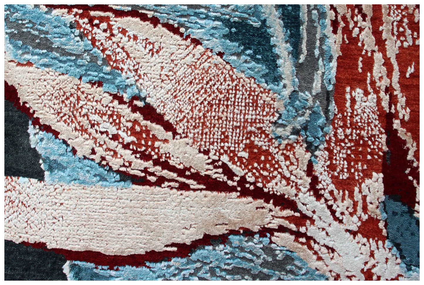 Black Teal Crimson Red Tropical Botanical Leaf Modern Abstract Hand Knotted Wool Viscose 85 KPSI 8x10 Area Rug