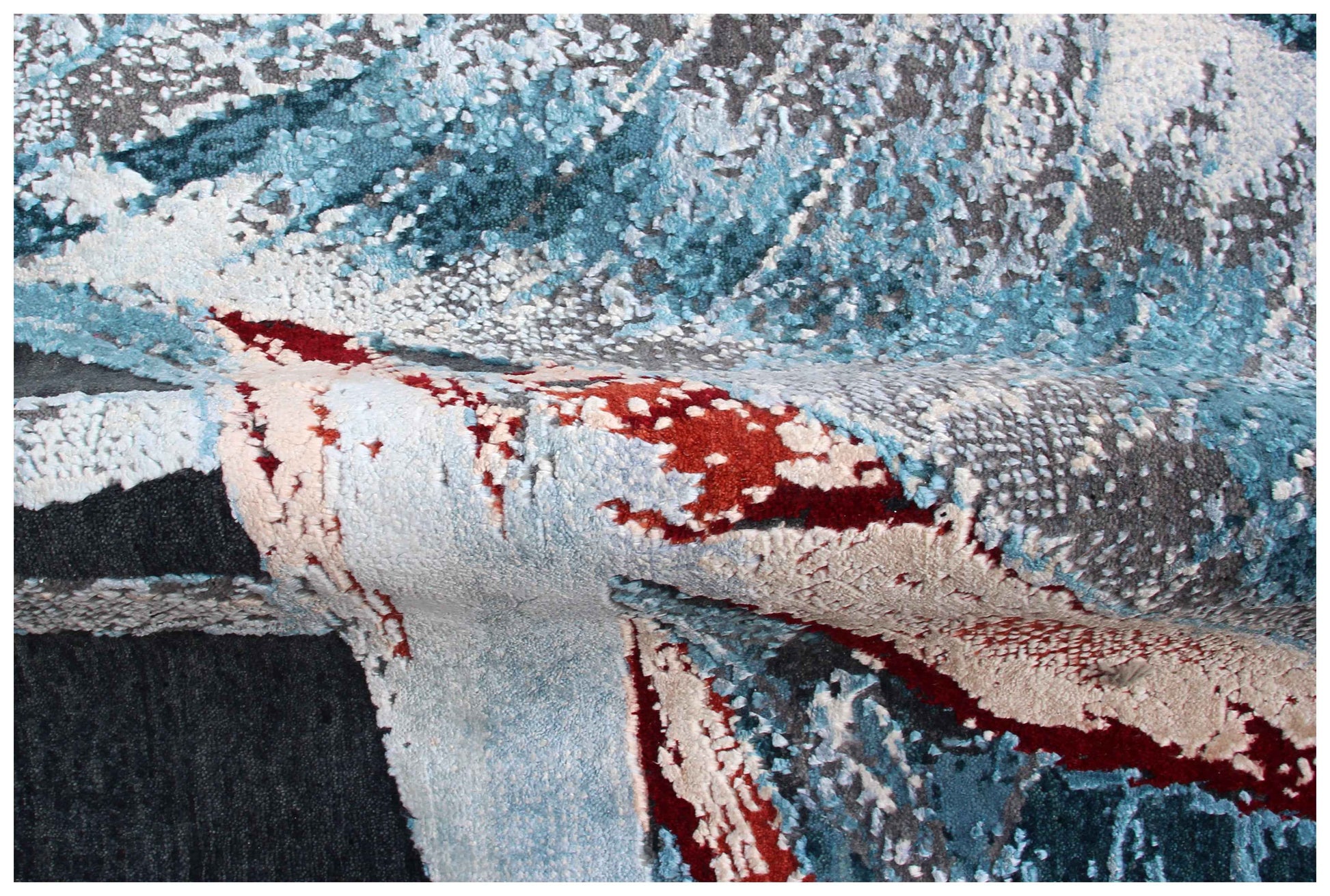 Black Teal Crimson Red Tropical Botanical Leaf Modern Abstract Hand Knotted Wool Viscose 85 KPSI 8x10 Area Rug