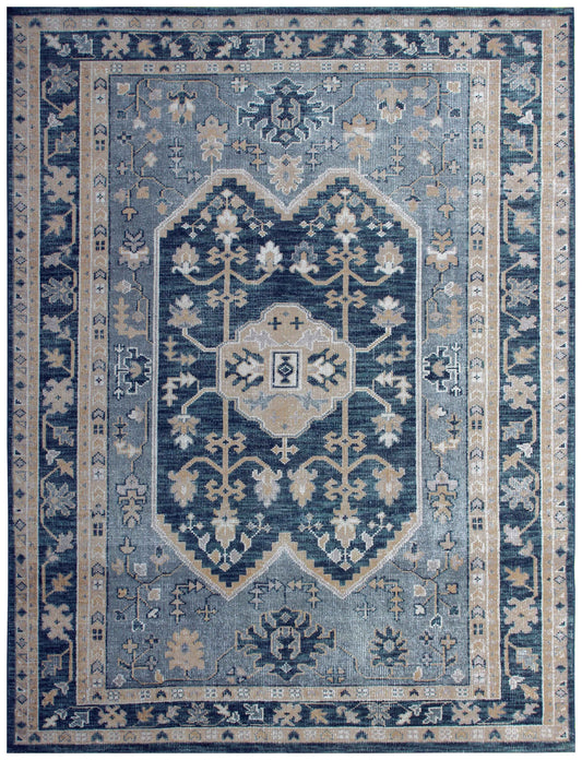 Navy Denim Ivory Taupe Gold Oushak Medallion Hand Knotted Wool 8x10 Bhadohi Area Rug