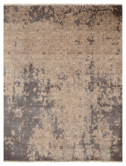 Peach Grey Antique Floral Diamond Bamboo Silk Hand Knotted 8x10 Bhadohi Area Rug