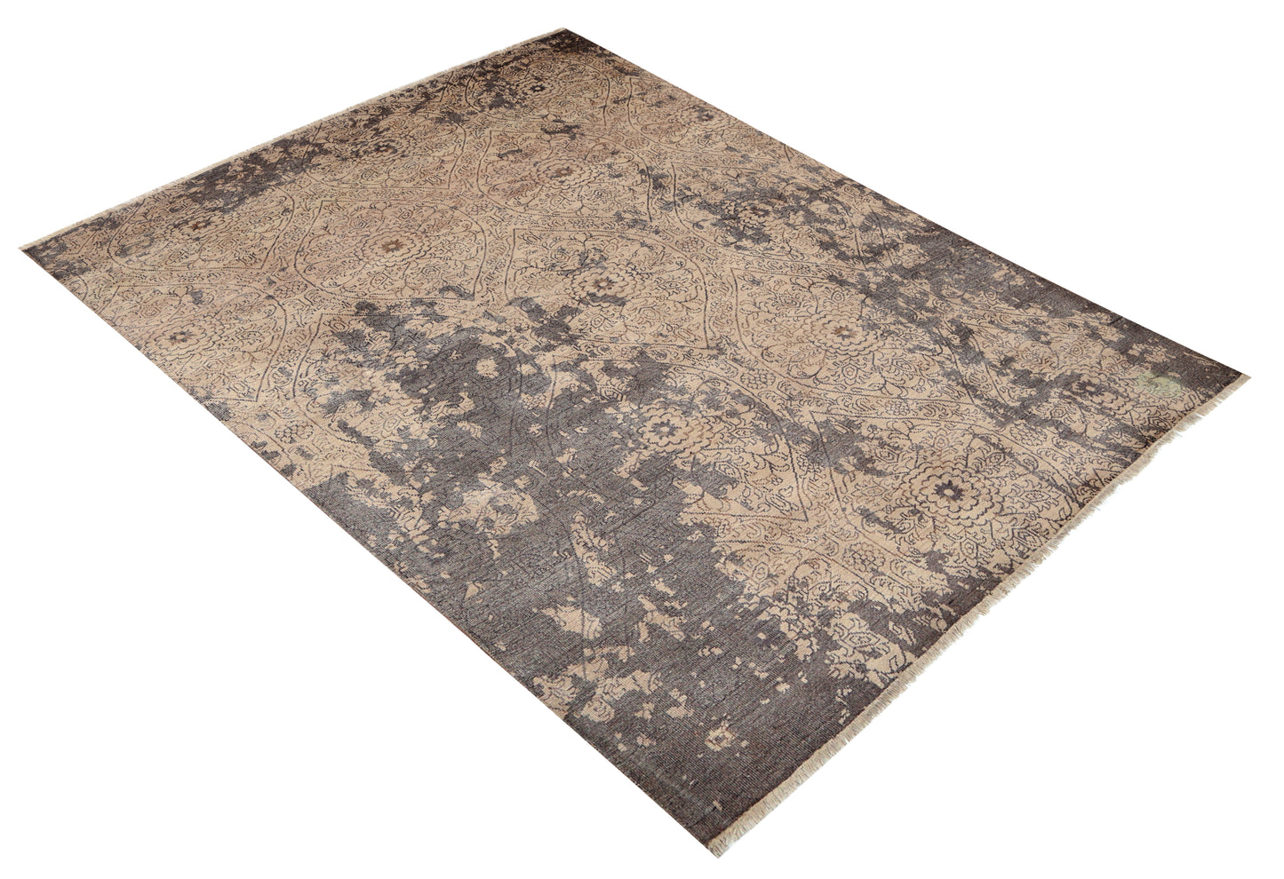 Peach Grey Antique Floral Diamond Bamboo Silk Hand Knotted 8x10 Bhadohi Area Rug