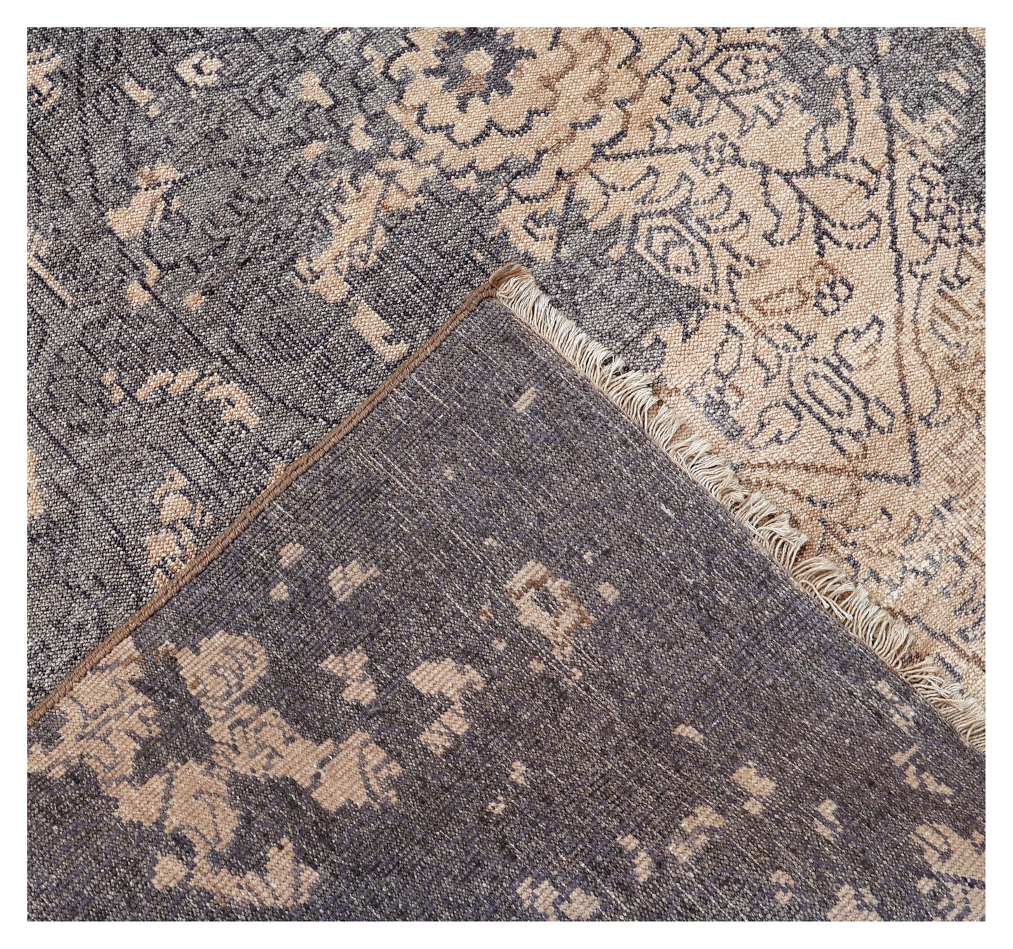 Peach Grey Antique Floral Diamond Bamboo Silk Hand Knotted 8x10 Bhadohi Area Rug