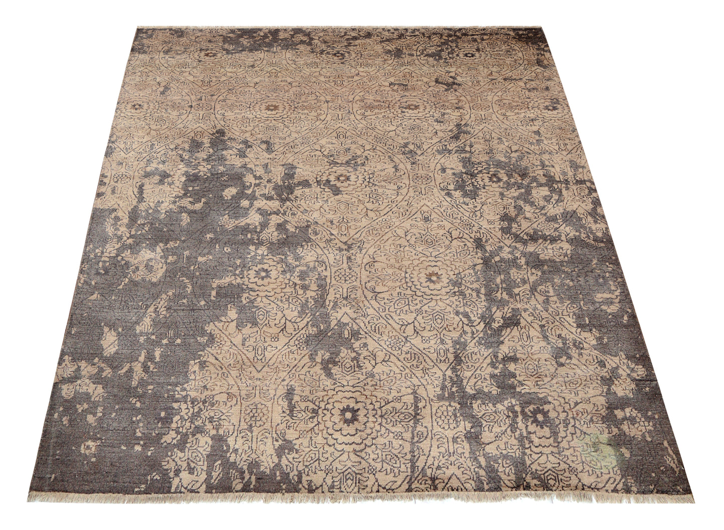 Peach Grey Antique Floral Diamond Bamboo Silk Hand Knotted 8x10 Bhadohi Area Rug
