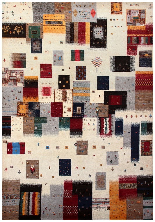 Ivory Multi-Color Gabbeh Patchwork Wool Rug 5.6x8 - Hand Knotted