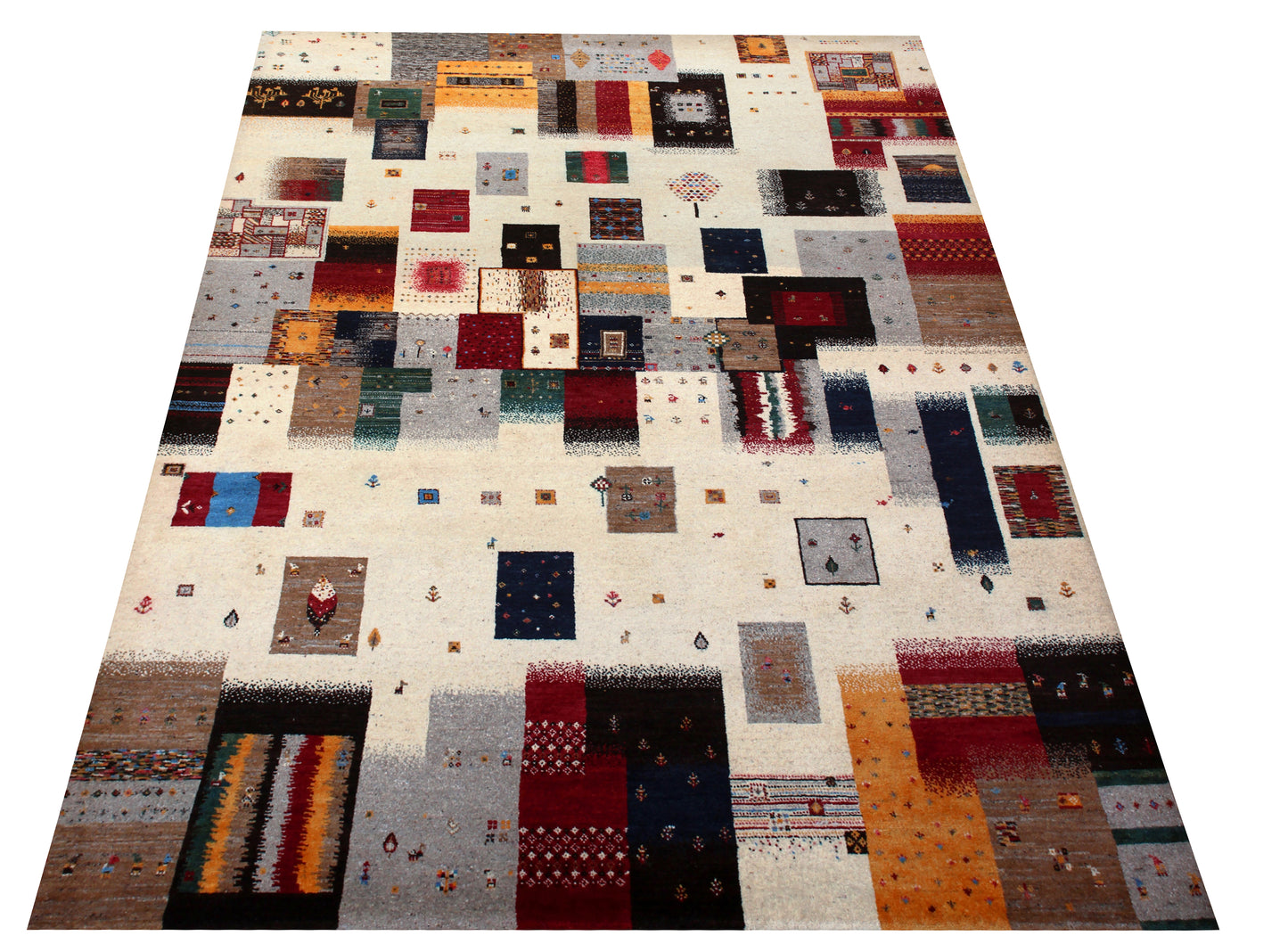 Ivory Multi-Color Gabbeh Patchwork Wool Rug 5.6x8 - Hand Knotted
