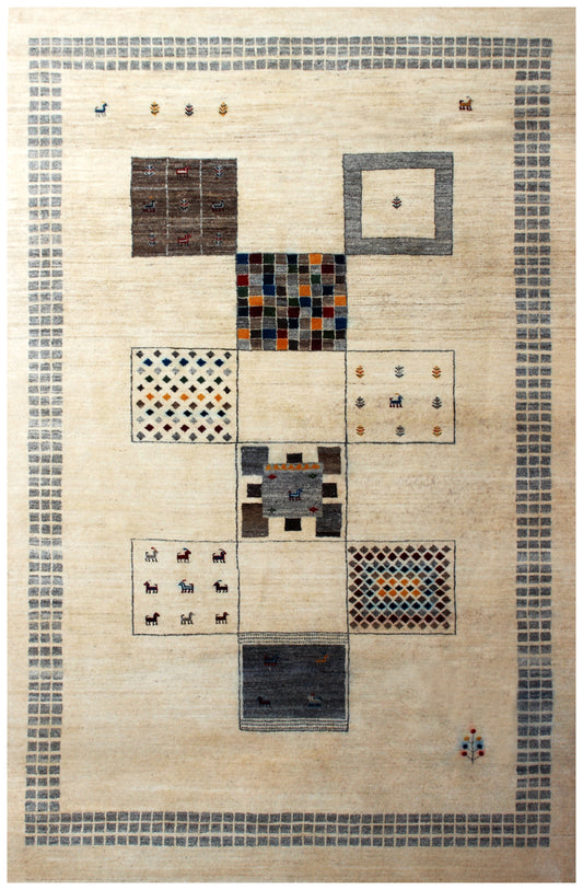 Hand Knotted Contemporary Gabbeh Patchwork Wool Rug 6.6x10- Beige Multi