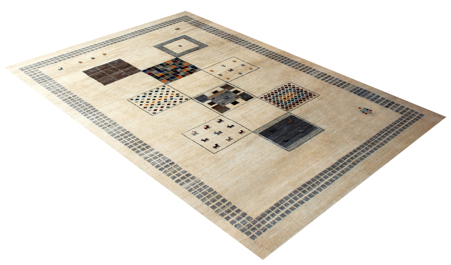 Hand Knotted Contemporary Gabbeh Patchwork Wool Rug 6.6x10- Beige Multi