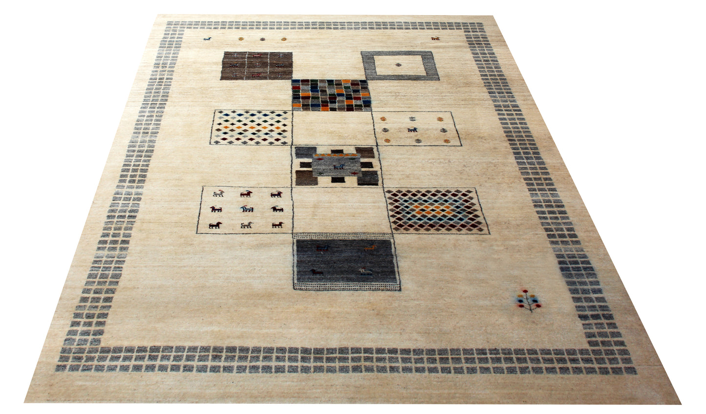 Hand Knotted Contemporary Gabbeh Patchwork Wool Rug 6.6x10- Beige Multi