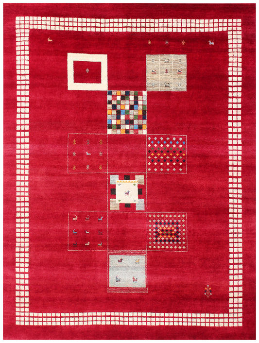 Hand Knotted Gabbeh Tribal Wool Rug 8x10 - Red Multi Patchwork