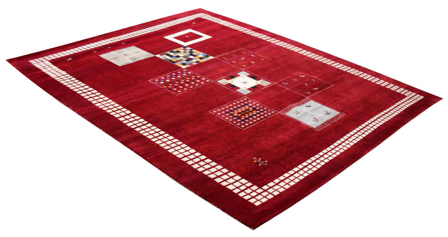 Hand Knotted Gabbeh Tribal Wool Rug 8x10 - Red Multi Patchwork