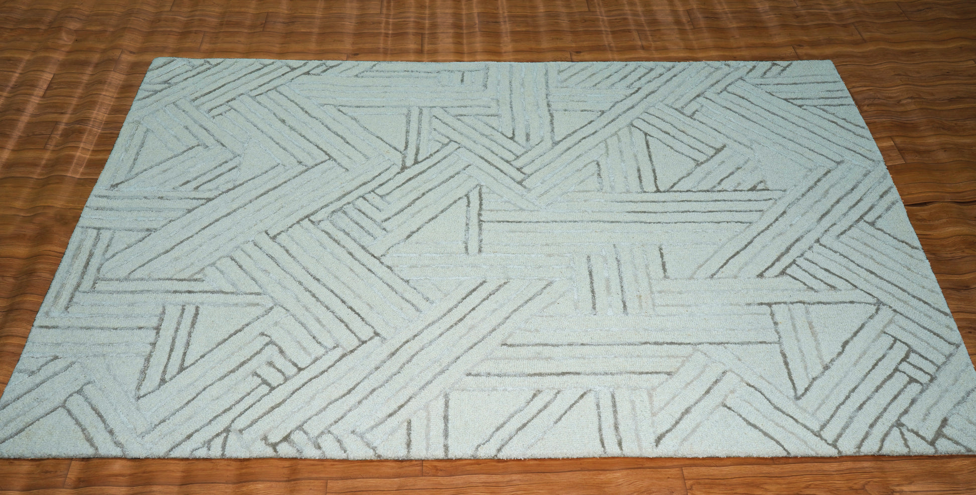 Aqua Teal Abstract Geometric Chevron Lines Hand Tufted Wool Viscose Area Rug - Cut Pile Contemporary Custom Sizes