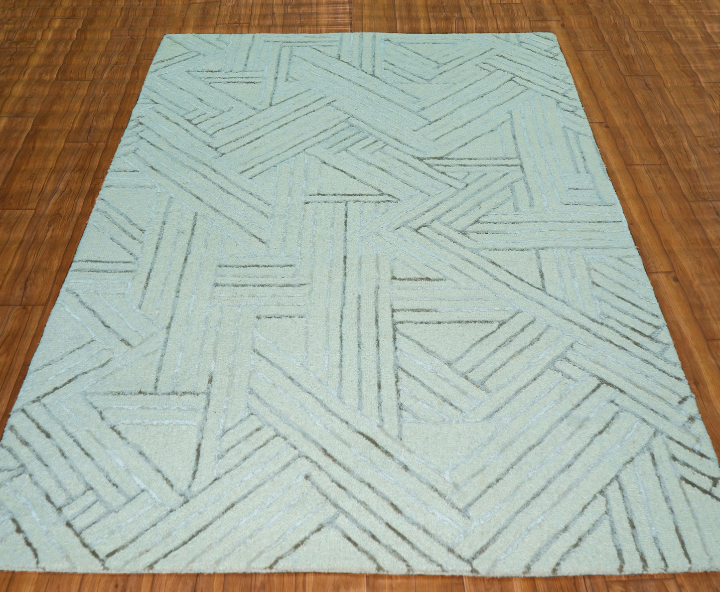 Aqua Teal Abstract Geometric Chevron Lines Hand Tufted Wool Viscose Area Rug - Cut Pile Contemporary Custom Sizes