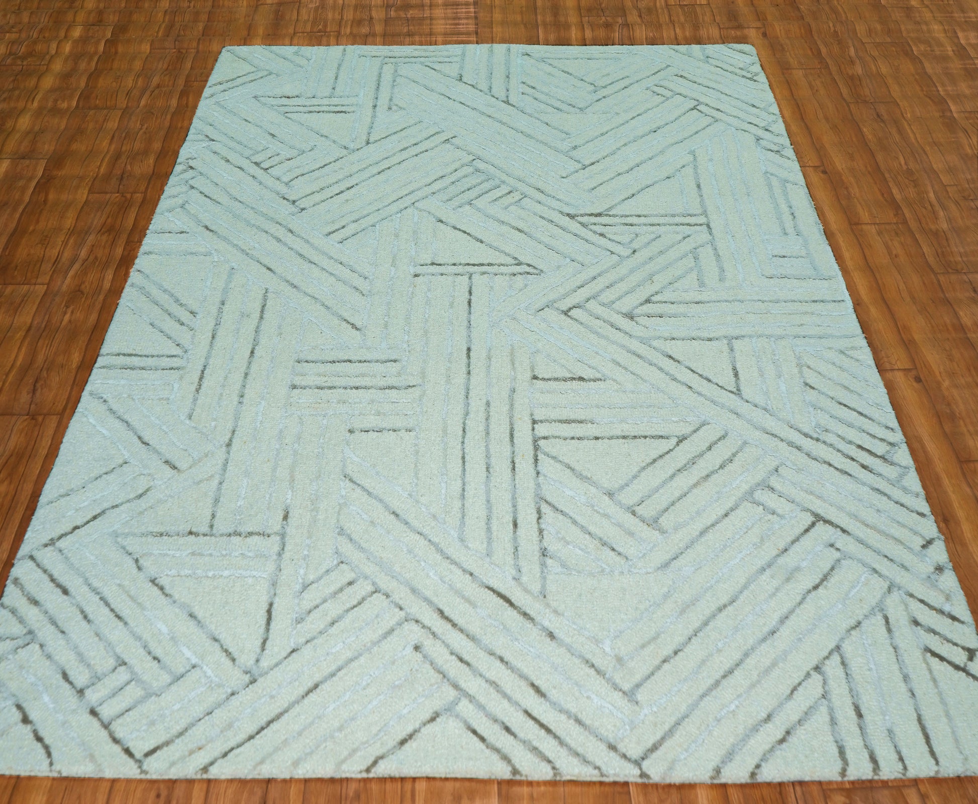 Aqua Teal Abstract Geometric Chevron Lines Hand Tufted Wool Viscose Area Rug - Cut Pile Contemporary Custom Sizes