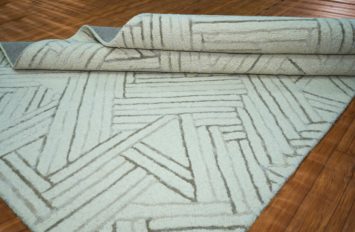 Aqua Teal Abstract Geometric Chevron Lines Hand Tufted Wool Viscose Area Rug - Cut Pile Contemporary Custom Sizes