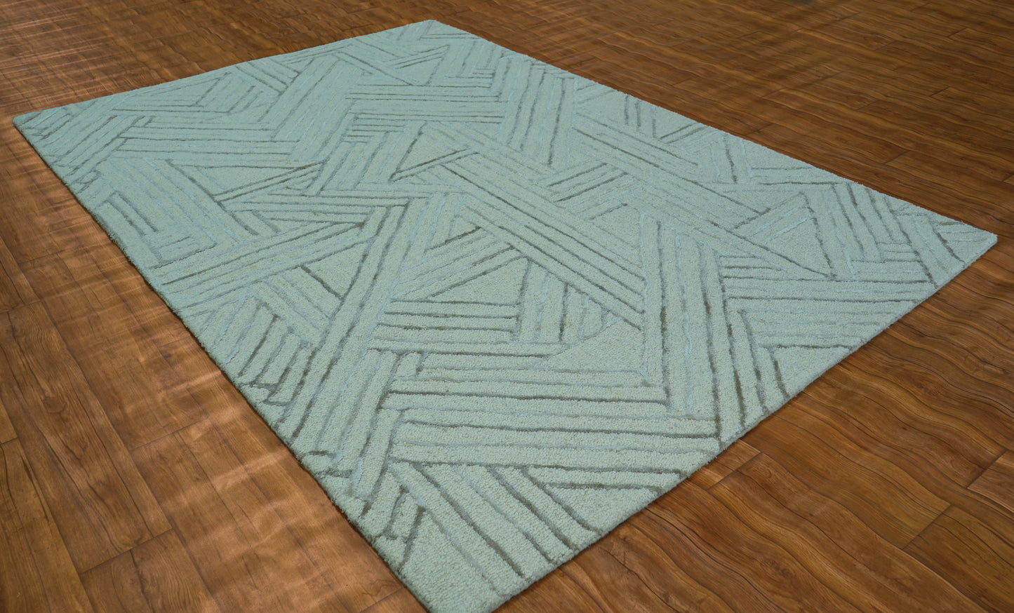 Teal Blue Abstract Geometric Lines Panel Hand Tufted Wool Viscose Area Rug Cut Pile Contemporary Custom Sizes - Bulk Manufacturing Orders
