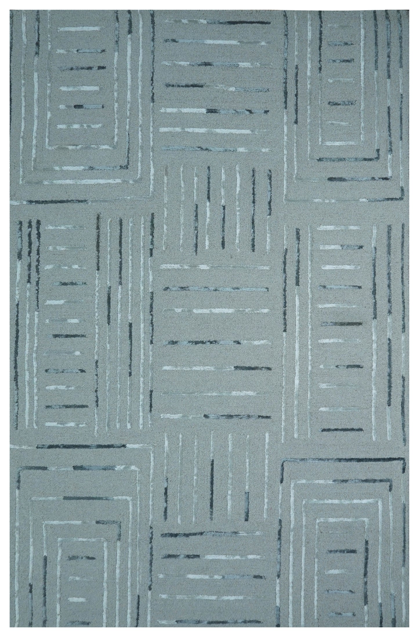 Teal Blue Abstract Geometric Lines Panel Hand Tufted Wool Viscose Area Rug Cut Pile Contemporary Custom Sizes - Bulk Manufacturing Orders