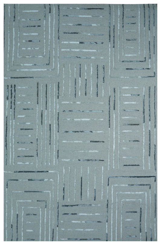 Teal Blue Abstract Geometric Lines Panel Hand Tufted Wool Viscose Area Rug - Cut Pile Contemporary Custom Sizes