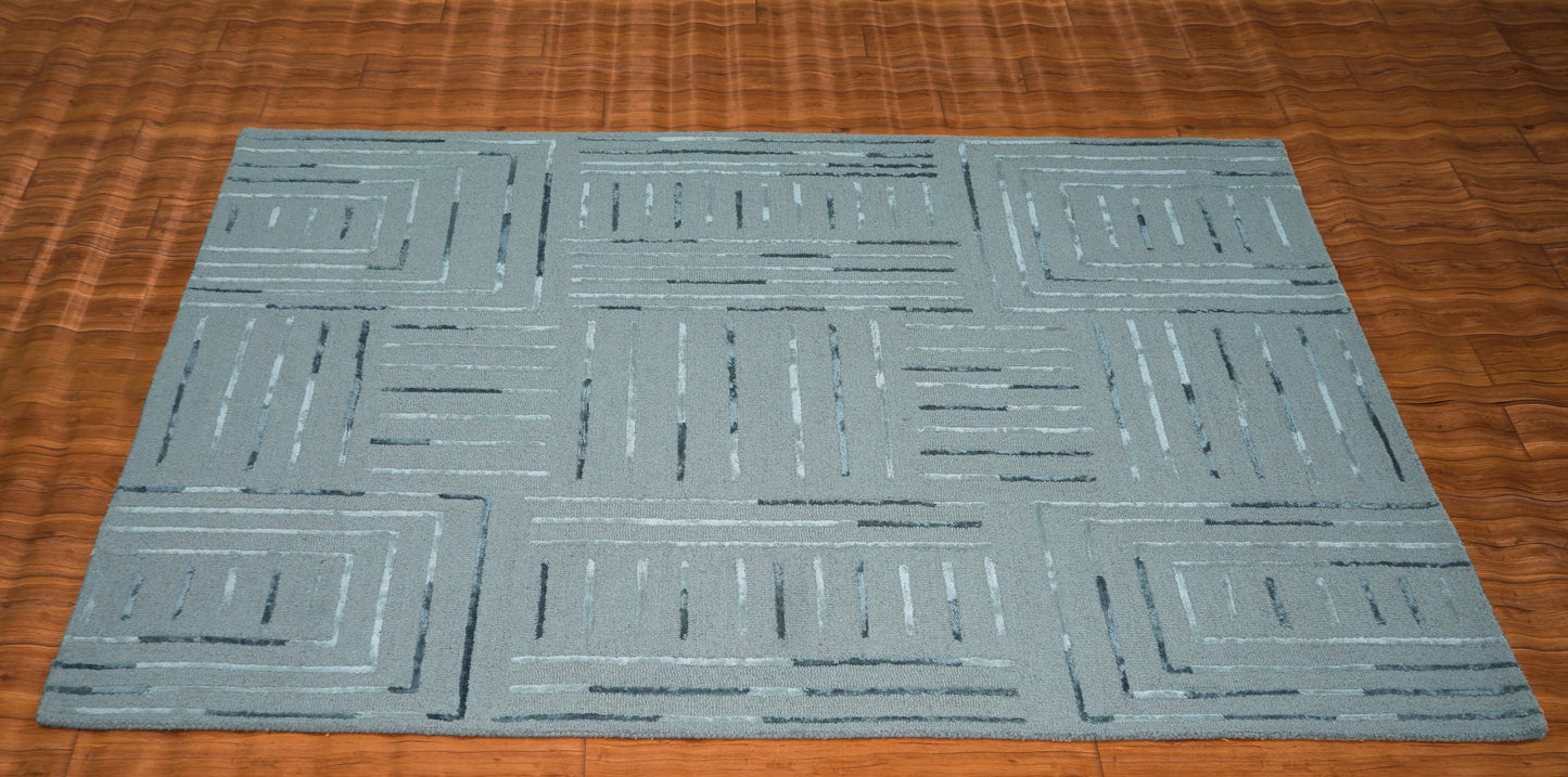 Teal Blue Abstract Geometric Lines Panel Hand Tufted Wool Viscose Area Rug Cut Pile Contemporary Custom Sizes - Bulk Manufacturing Orders