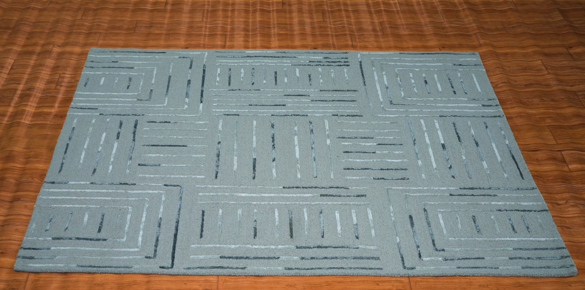 Teal Blue Abstract Geometric Lines Panel Hand Tufted Wool Viscose Area Rug Cut Pile Contemporary Custom Sizes - Bulk Manufacturing Orders