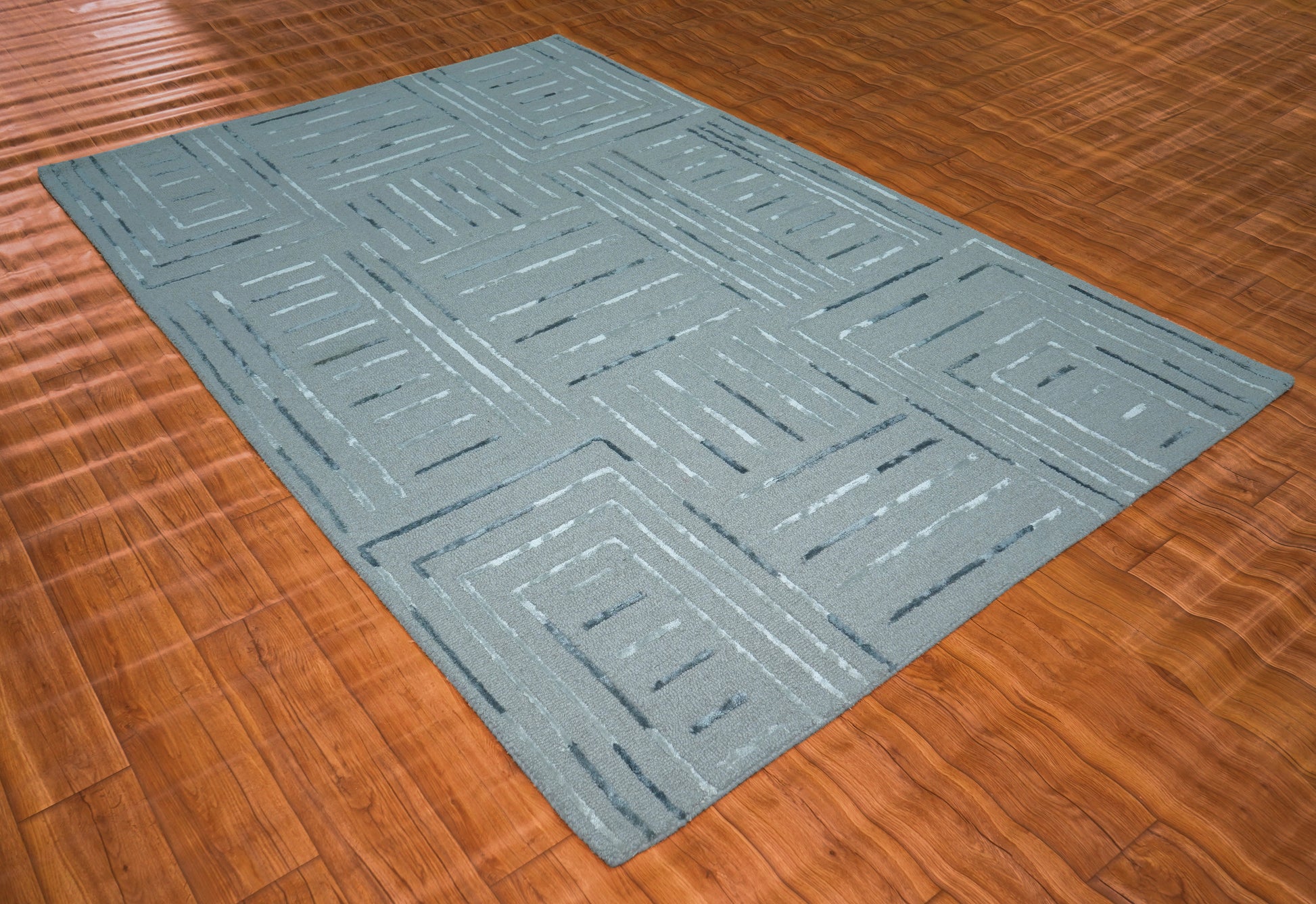 Teal Blue Abstract Geometric Lines Panel Hand Tufted Wool Viscose Area Rug - Cut Pile Contemporary Custom Sizes