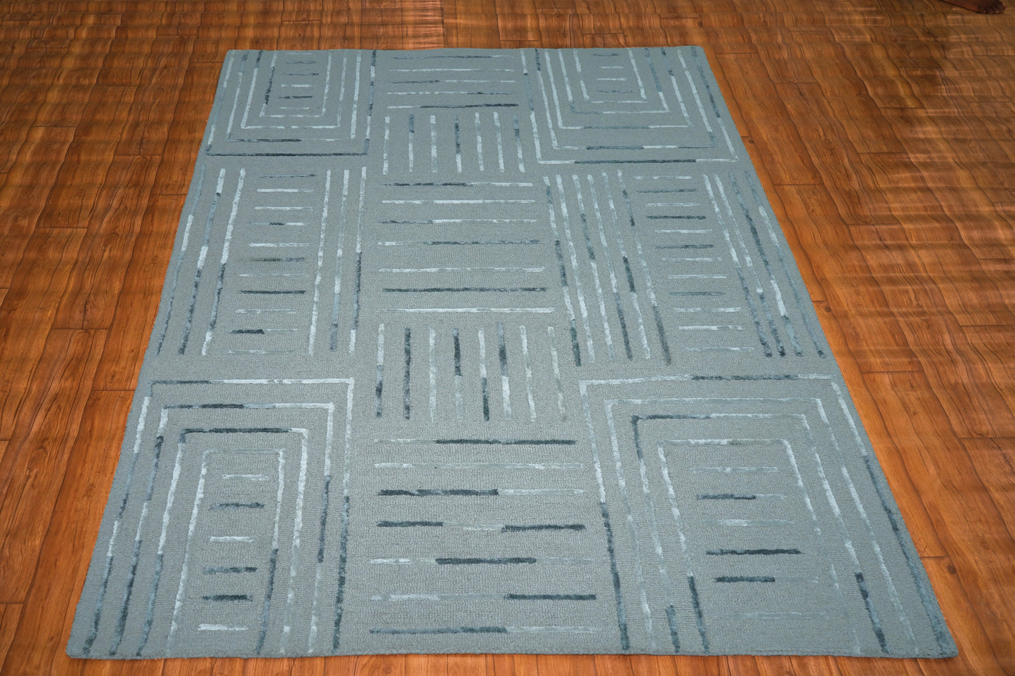 Teal Blue Abstract Geometric Lines Panel Hand Tufted Wool Viscose Area Rug - Cut Pile Contemporary Custom Sizes