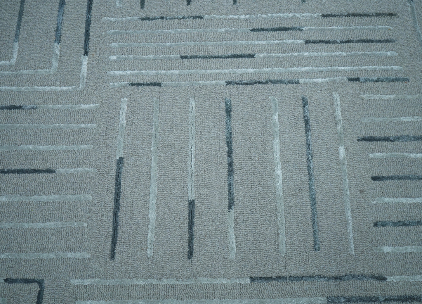 Teal Blue Abstract Geometric Lines Panel Hand Tufted Wool Viscose Area Rug - Cut Pile Contemporary Custom Sizes
