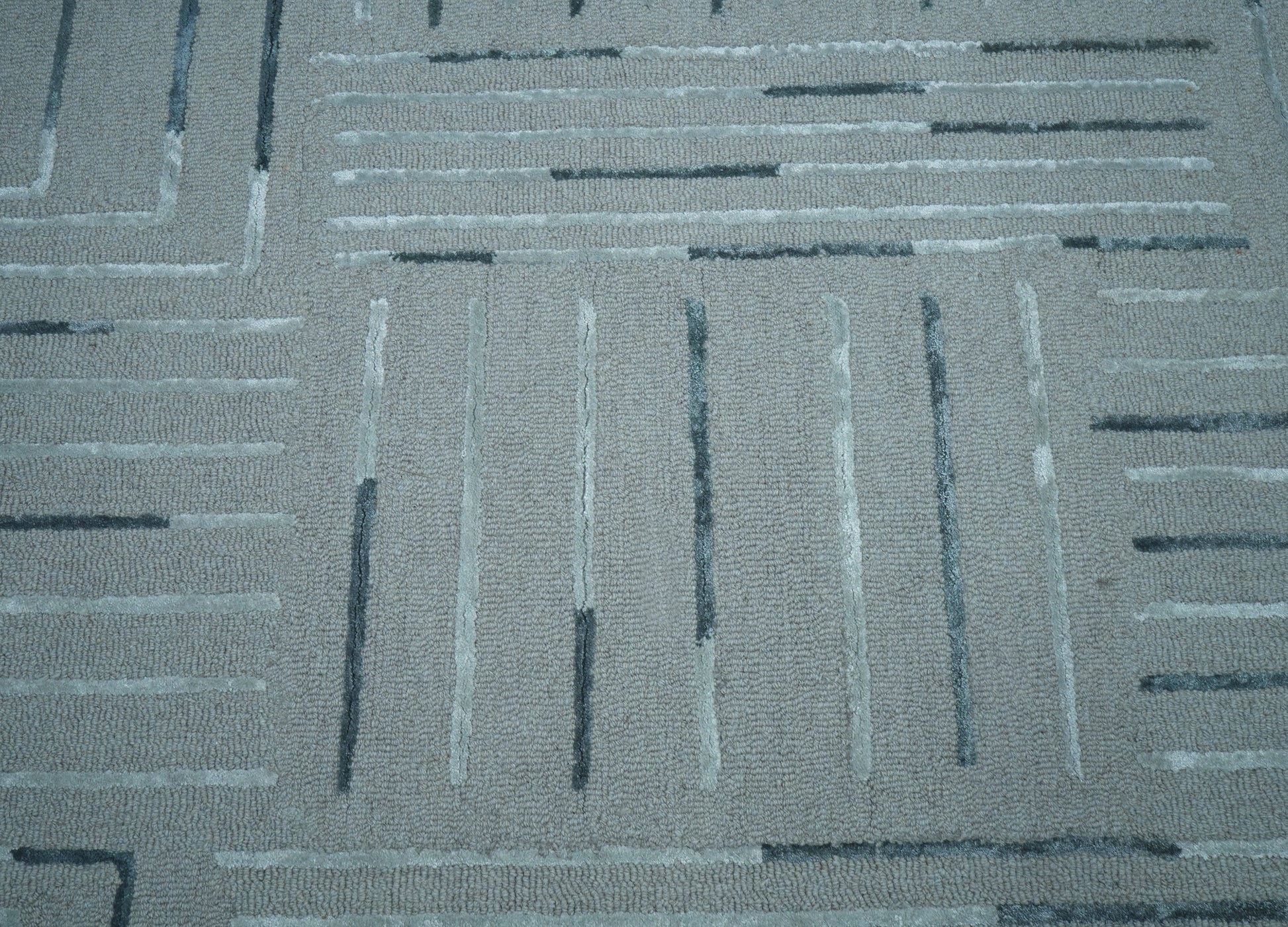 Teal Blue Abstract Geometric Lines Panel Hand Tufted Wool Viscose Area Rug - Cut Pile Contemporary Custom Sizes