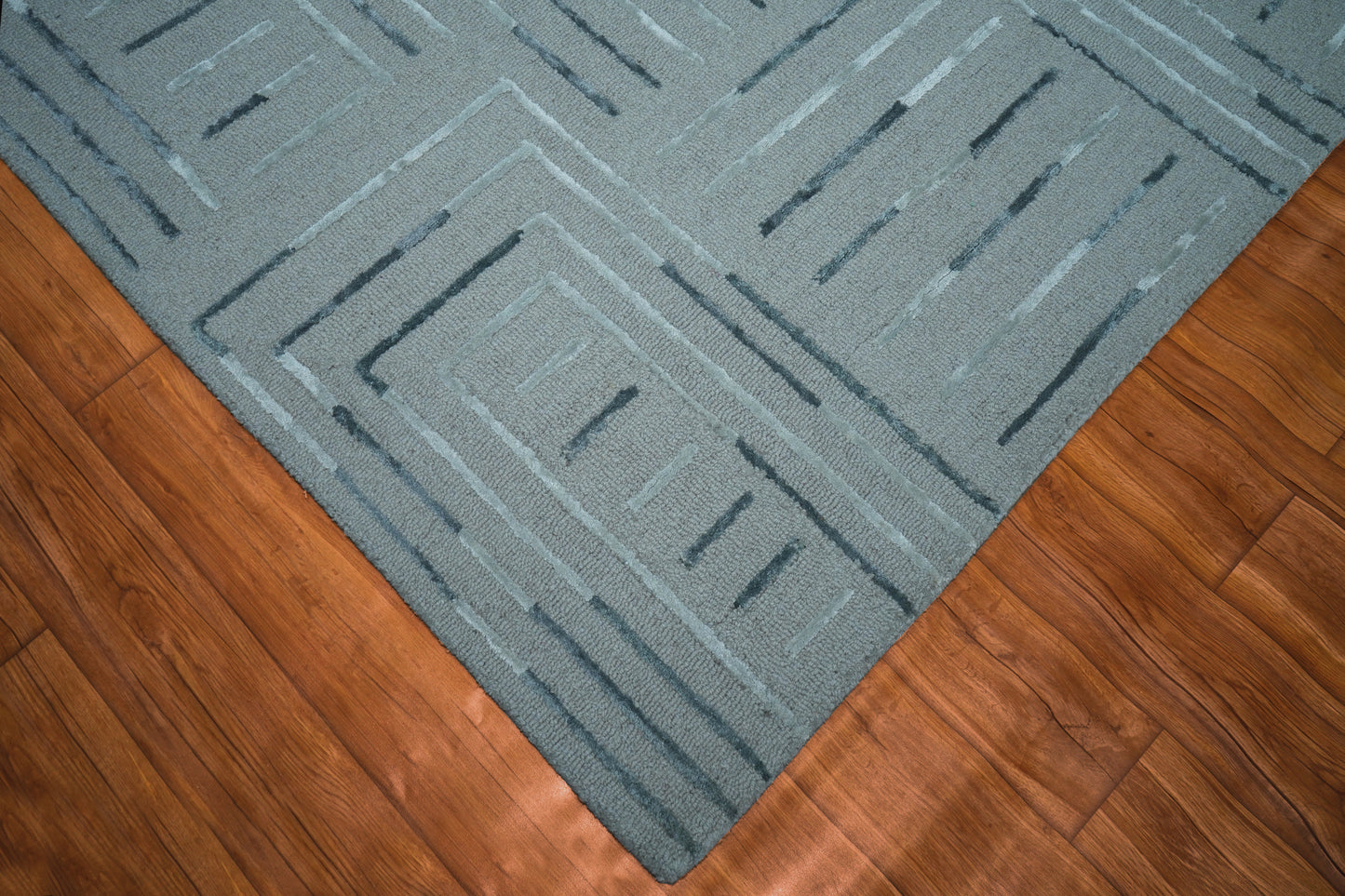 Teal Blue Abstract Geometric Lines Panel Hand Tufted Wool Viscose Area Rug - Cut Pile Contemporary Custom Sizes