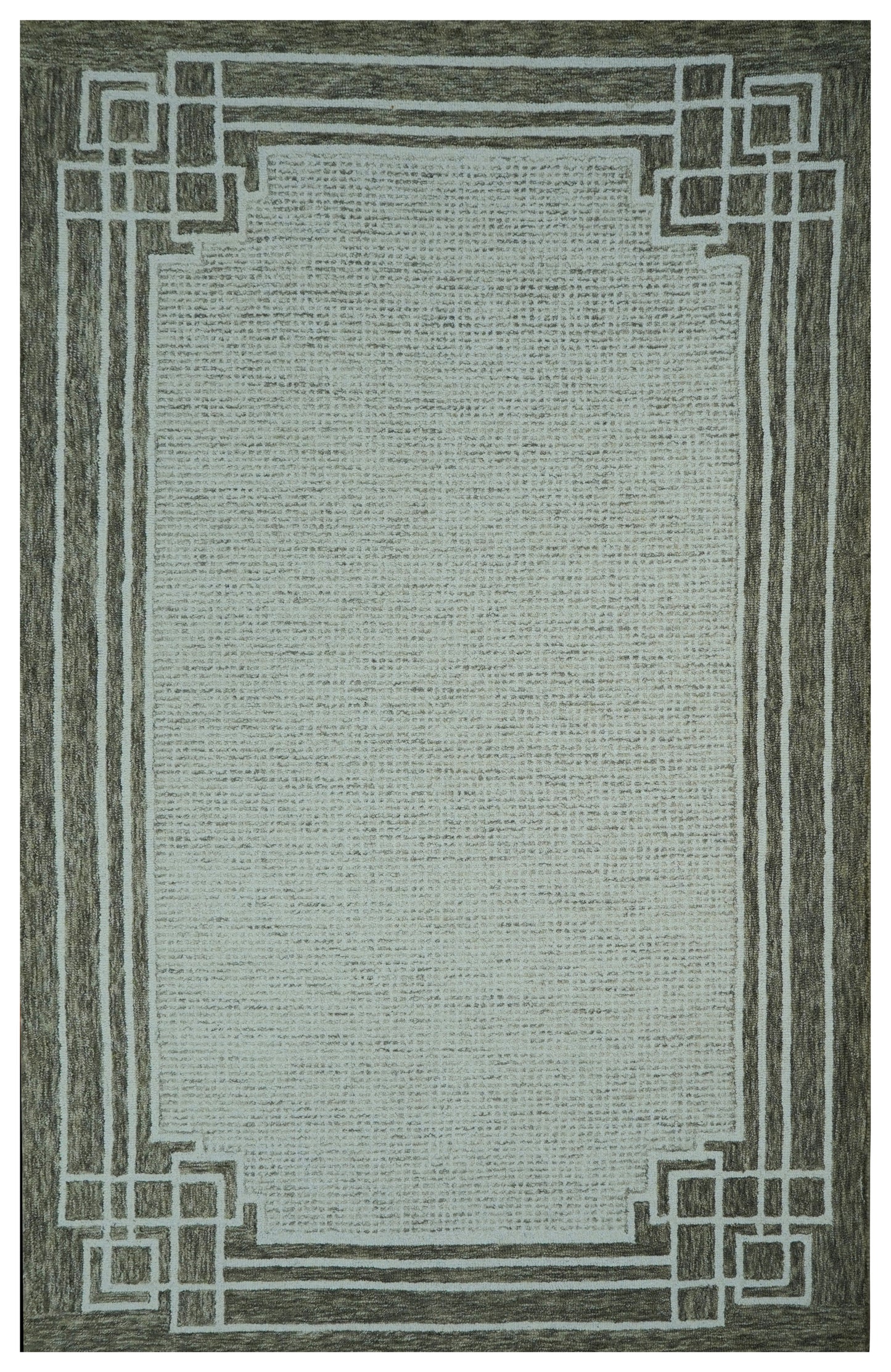 Greek Key Border Hand Tufted Wool Area Rug - Mint Green Grey Cut Pile Geometric Custom Sizes