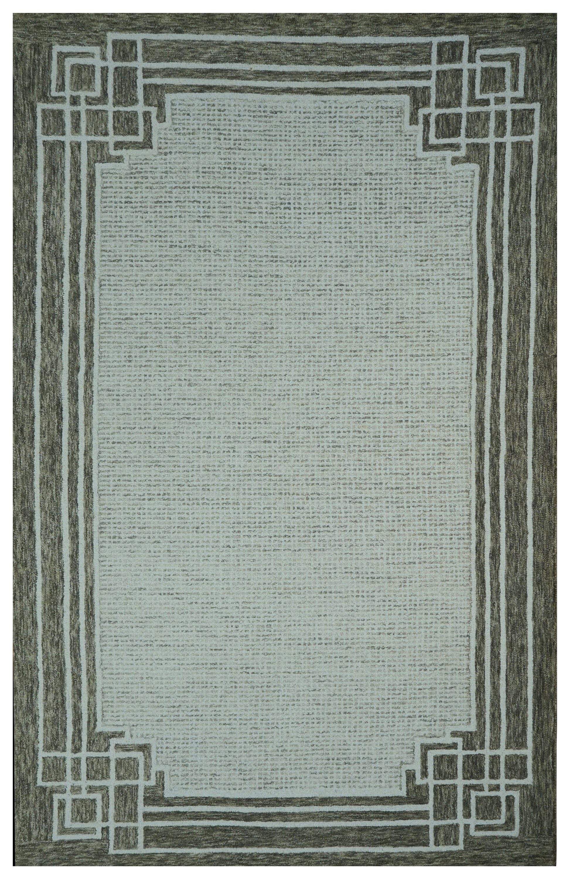 Greek Key Border Hand Tufted Wool Area Rug - Mint Green Grey Cut Pile Geometric Custom Sizes