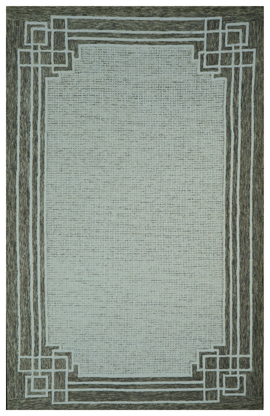Greek Key Border Hand Tufted Wool Area Rug - Mint Green Grey Cut Pile Geometric Custom Sizes