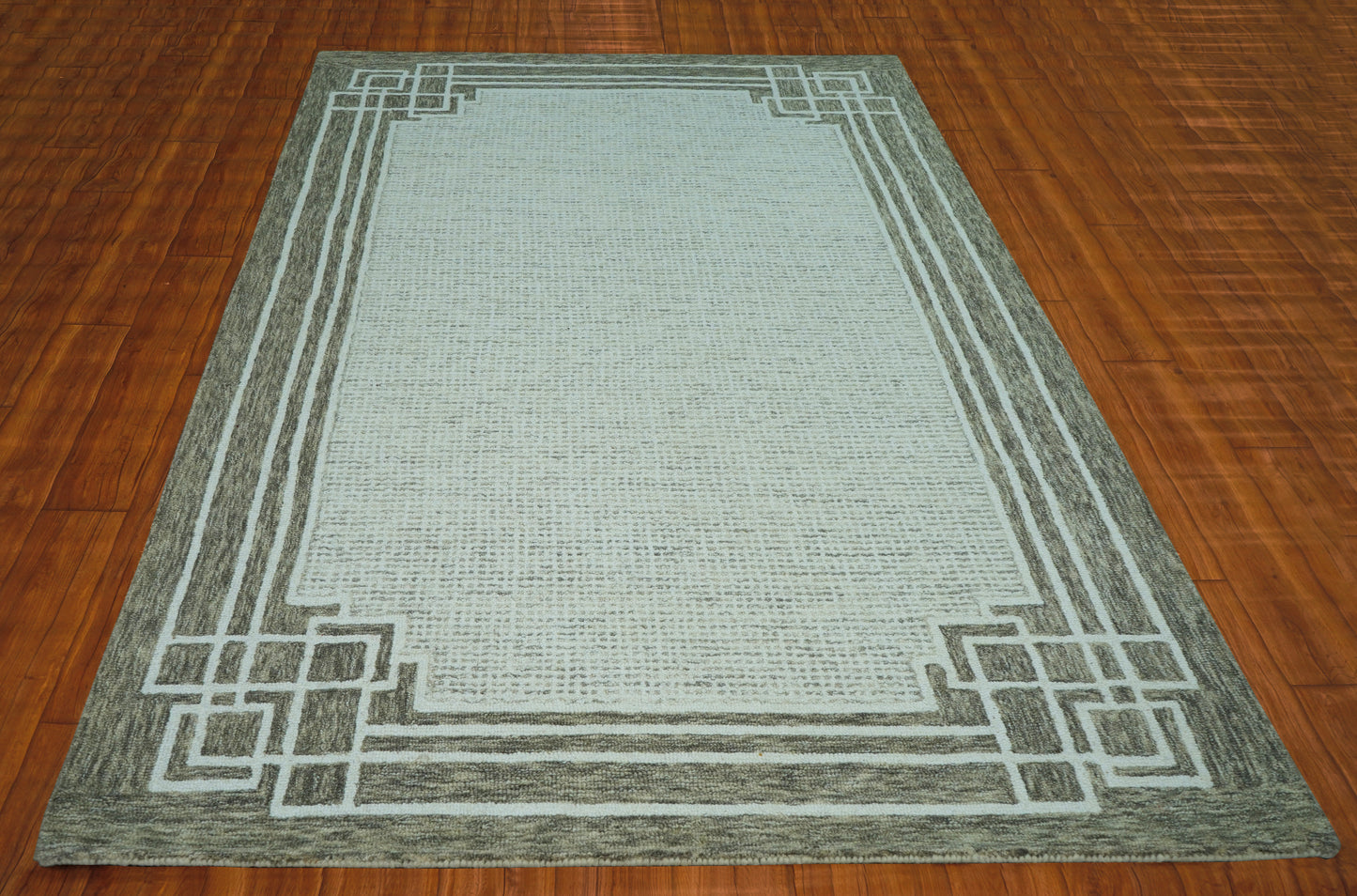 Greek Key Border Hand Tufted Wool Area Rug - Mint Green Grey Cut Pile Geometric Custom Sizes
