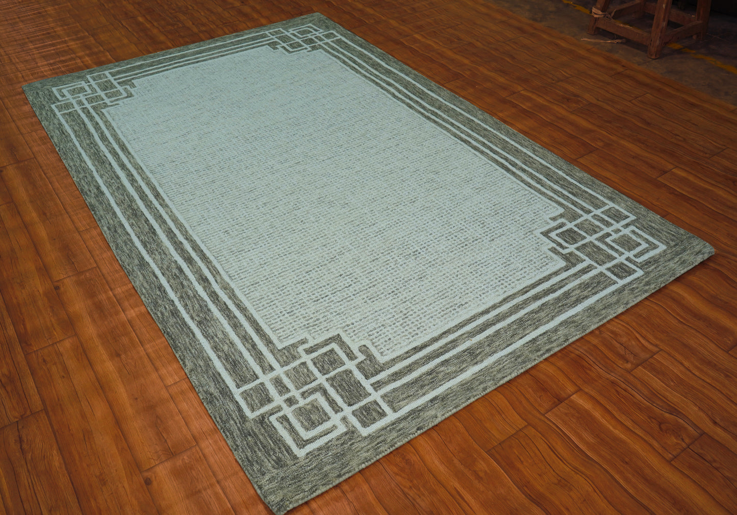 Greek Key Border Hand Tufted Wool Area Rug - Mint Green Grey Cut Pile Geometric Custom Sizes