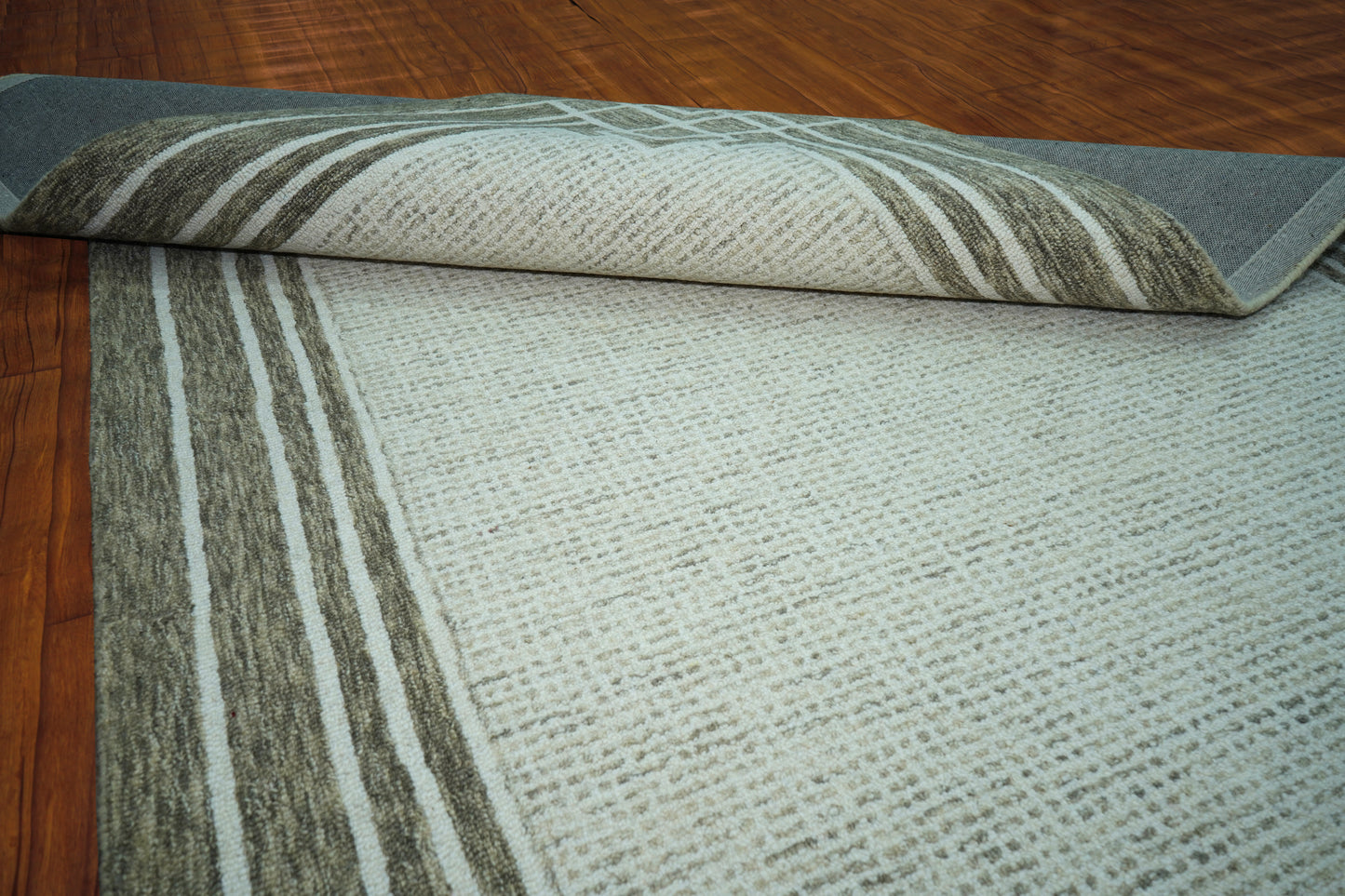 Greek Key Border Hand Tufted Wool Area Rug - Mint Green Grey Cut Pile Geometric Custom Sizes