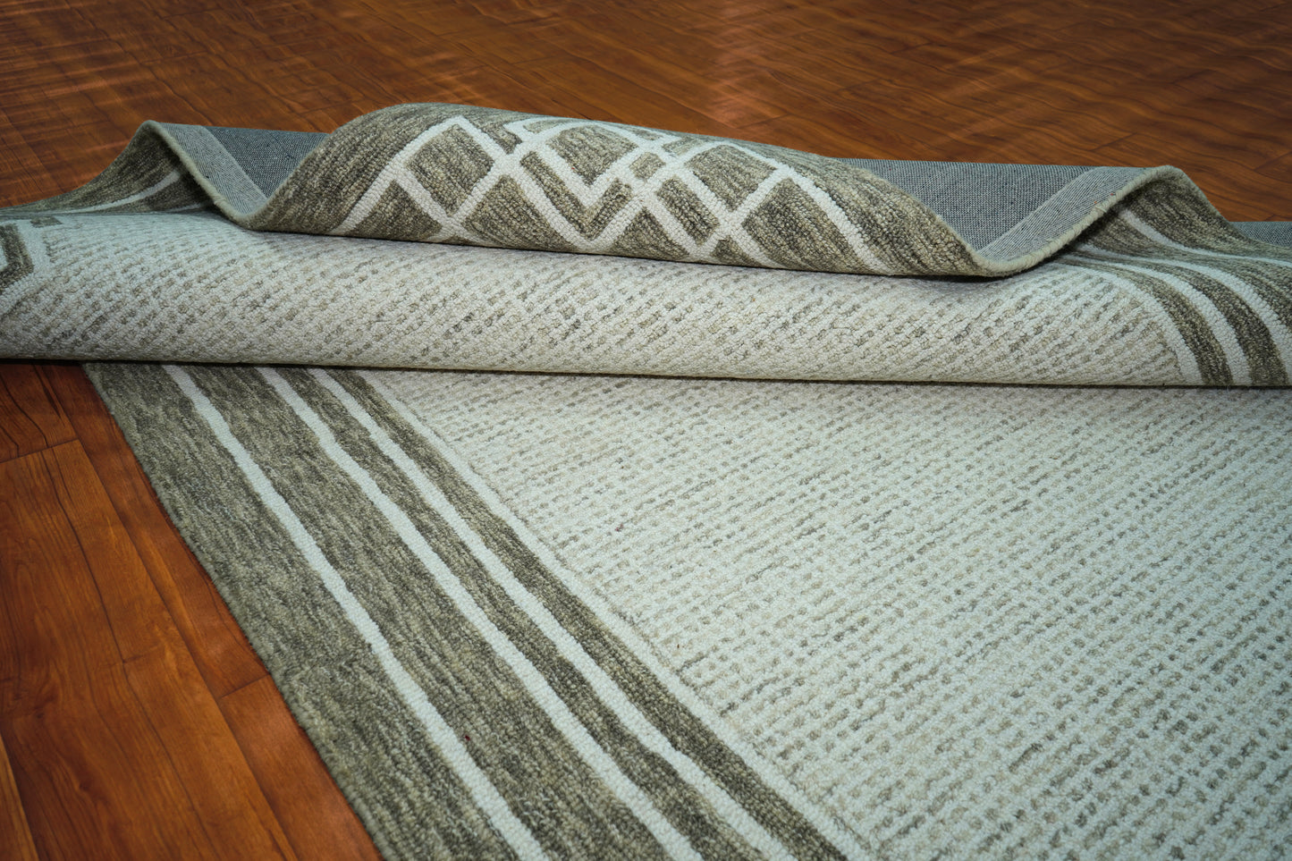 Greek Key Border Hand Tufted Wool Area Rug - Mint Green Grey Cut Pile Geometric Custom Sizes