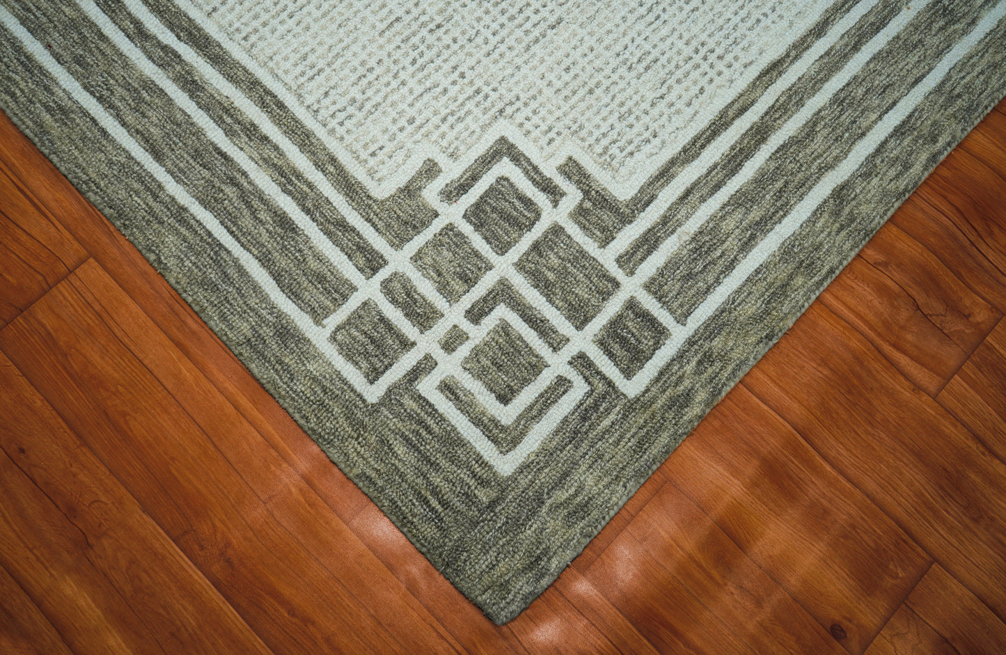 Greek Key Border Hand Tufted Wool Area Rug - Mint Green Grey Cut Pile Geometric Custom Sizes
