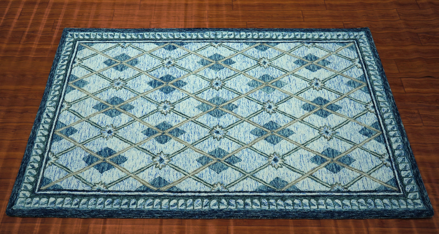 Teal Blue Ivory Diamond Lattice Floral Hand Tufted Wool Area Rug - Cut Pile Geometric Custom Sizes