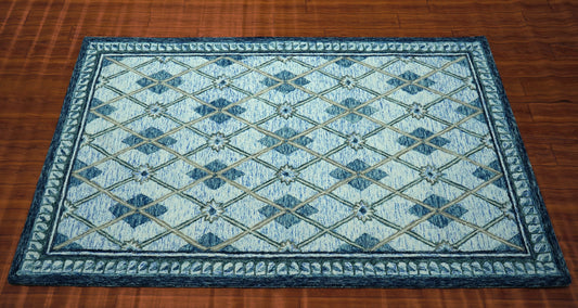 Teal Blue Ivory Diamond Lattice Floral Hand Tufted Wool Area Rug - Cut Pile Geometric Custom Sizes