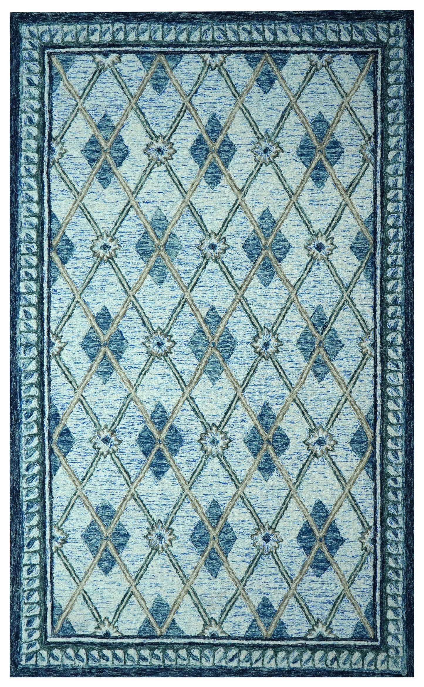 Teal Blue Ivory Diamond Lattice Floral Hand Tufted Wool Area Rug - Cut Pile Geometric Custom Sizes