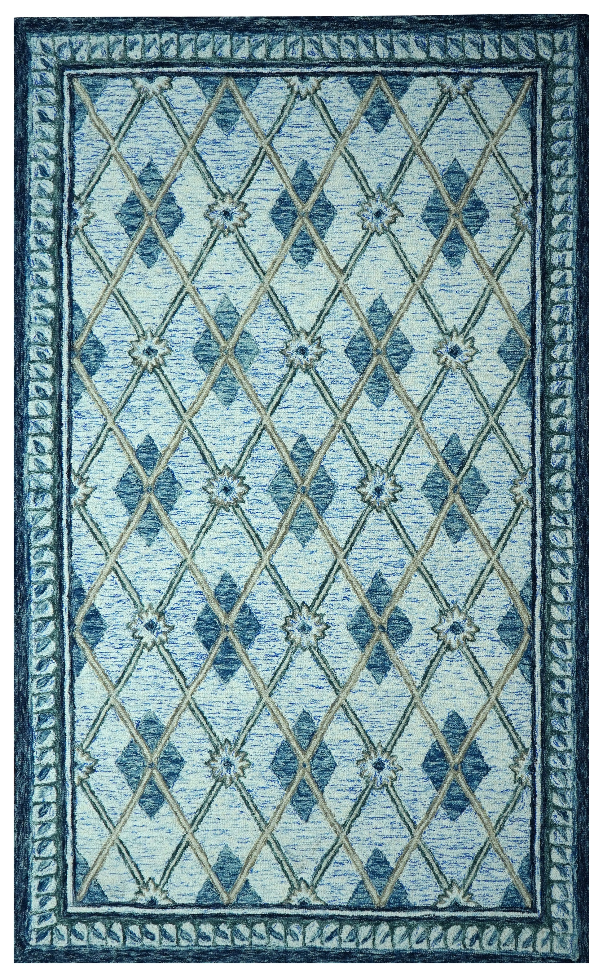 Teal Blue Ivory Diamond Lattice Floral Hand Tufted Wool Area Rug - Cut Pile Geometric Custom Sizes