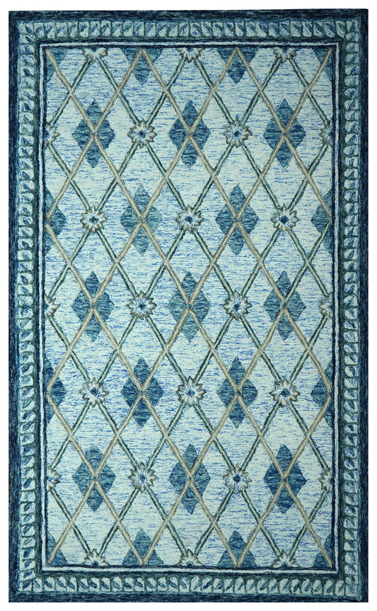 Teal Blue Ivory Diamond Lattice Floral Hand Tufted Wool Area Rug - Cut Pile Geometric Custom Sizes