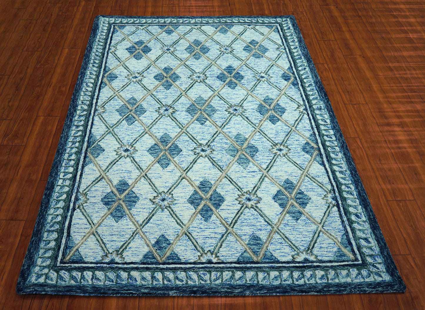 Teal Blue Ivory Diamond Lattice Floral Hand Tufted Wool Area Rug - Cut Pile Geometric Custom Sizes