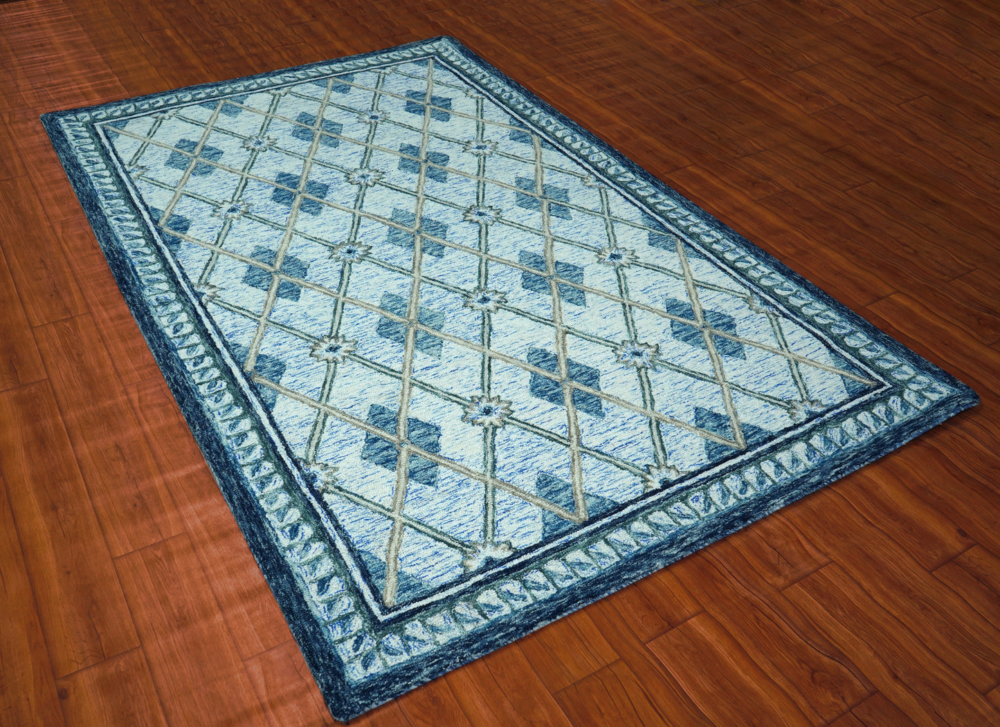 Teal Blue Ivory Diamond Lattice Floral Hand Tufted Wool Area Rug - Cut Pile Geometric Custom Sizes