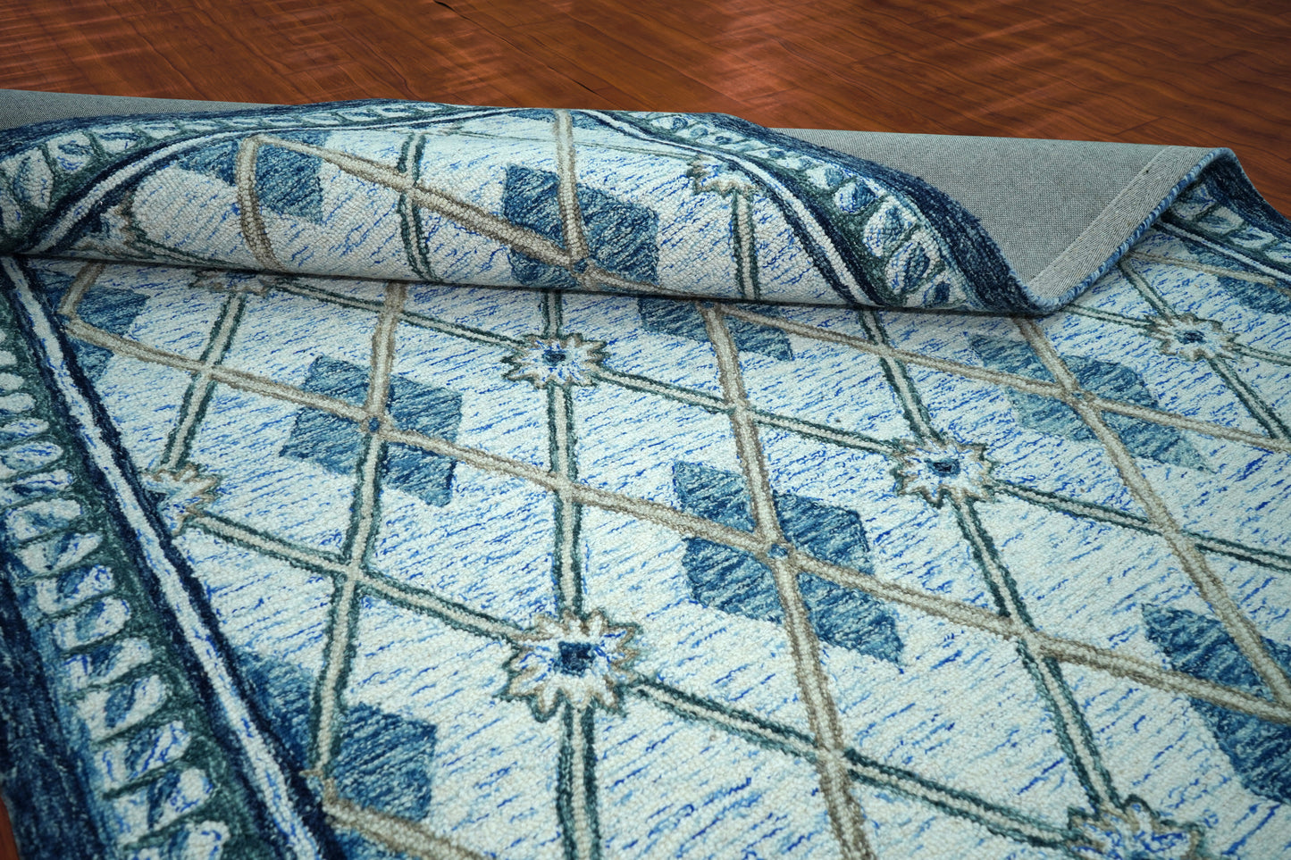 Teal Blue Ivory Diamond Lattice Floral Hand Tufted Wool Area Rug - Cut Pile Geometric Custom Sizes