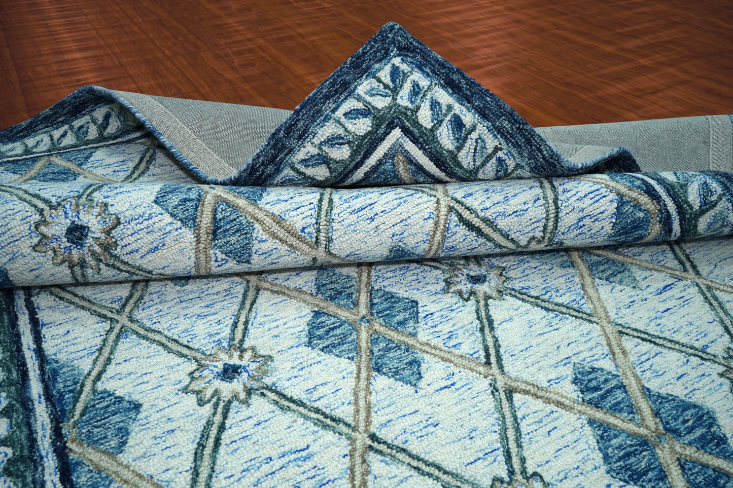 Teal Blue Ivory Diamond Lattice Floral Hand Tufted Wool Area Rug - Cut Pile Geometric Custom Sizes