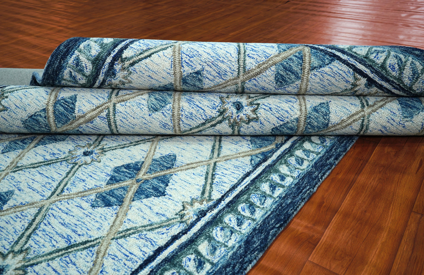 Teal Blue Ivory Diamond Lattice Floral Hand Tufted Wool Area Rug - Cut Pile Geometric Custom Sizes
