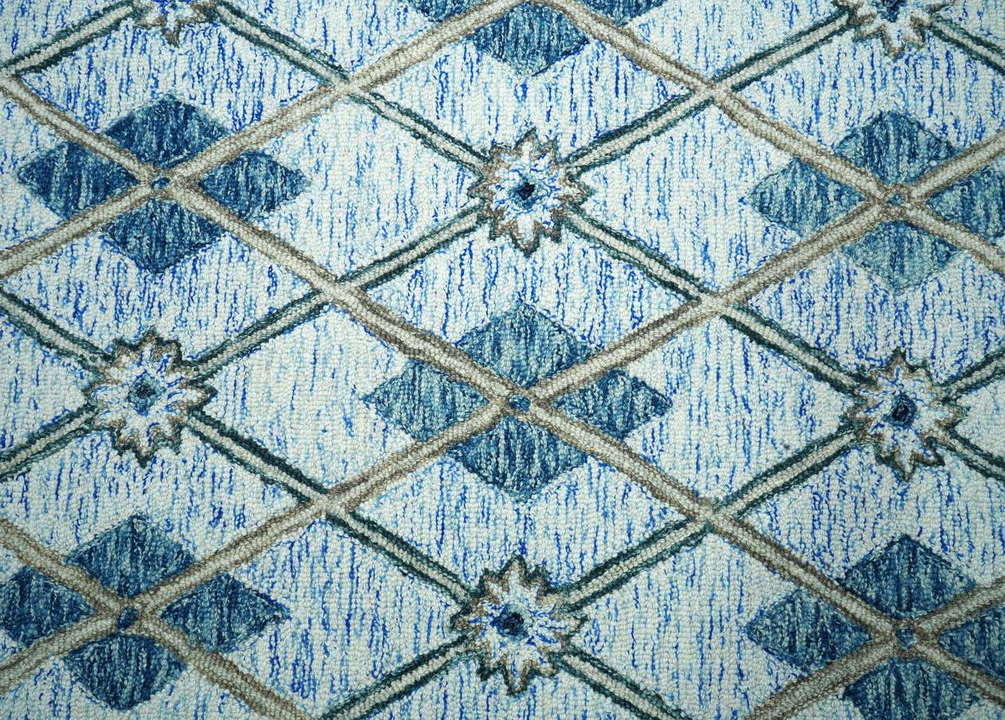 Teal Blue Ivory Diamond Lattice Floral Hand Tufted Wool Area Rug - Cut Pile Geometric Custom Sizes