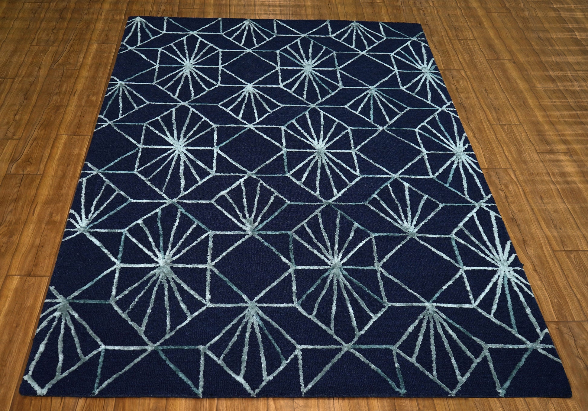 Navy Blue Ivory Geometric Star Burst Hand Tufted Wool Viscose Area Rug - Cut Pile Contemporary Custom Sizes
